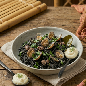 Arroz negro con calamar y chirlas
